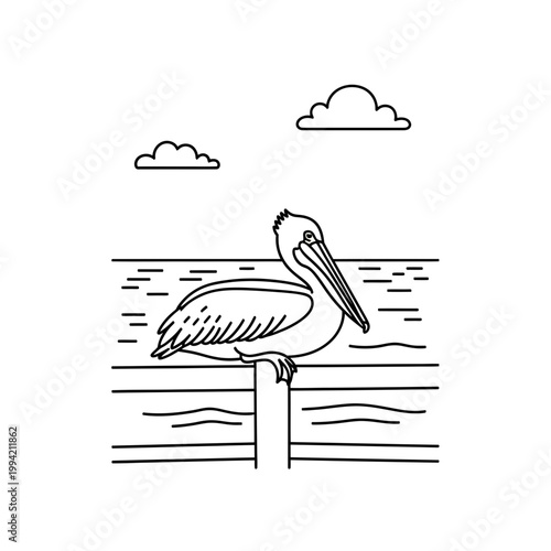 Pelican perched on a pier railing line art illustration