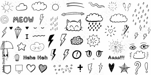 A collection of hand drawn doodles including weather faces and text