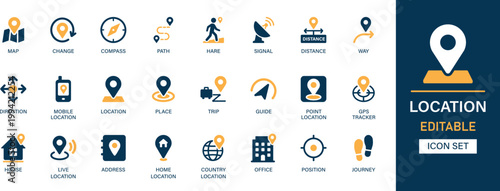 Location icon set collection featuring map pin, GPS navigation, compass, route, distance, direction and tracking elements. Modern vector illustration.