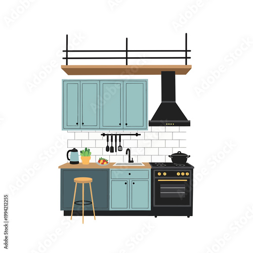 Modern kitchen interior vector illustration with blue cabinets