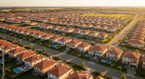 Aerial view of a vast suburban neighborhood with modern houses and red tile roofs. Golden hour light, residential development.