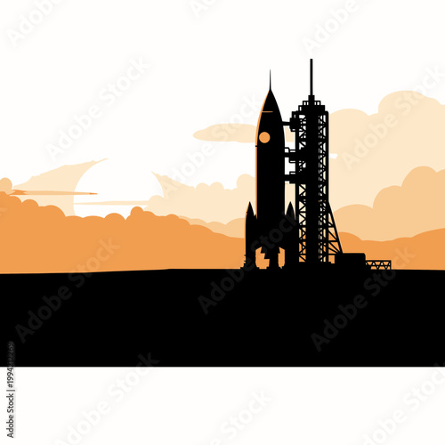 Rocket ship silhouette on launch pad at sunset vector illustration