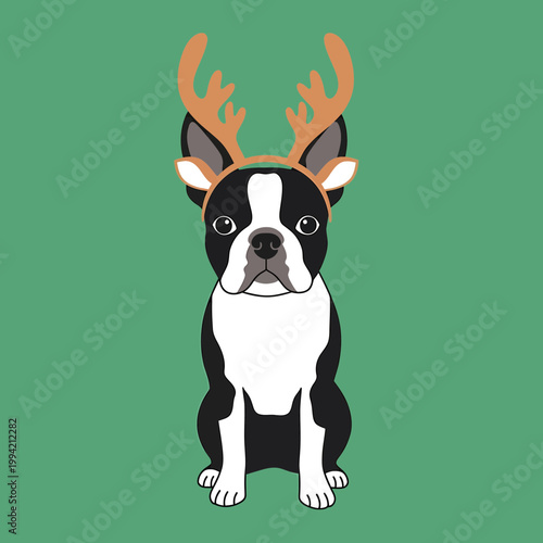 Boston Terrier Dog Wearing Reindeer Antlers Vector Illustration