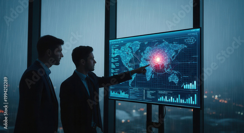 Two businessmen in suits discuss global data, one pointing at a large digital screen. Concept of global strategy and critical data analysis.