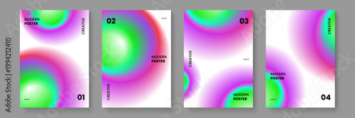 Modern minimalist abstract posters with soft focus mesh gradient circles in lime green and magenta pink on a clean white background