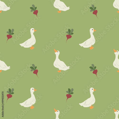 Seamless pattern with geese and beetroot. Farm animals and vegetables pattern for textile, fabric, packaging and surface design.