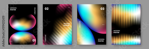 Modern abstract posters combining dark fluid gradients with geometric stripe patterns and vibrant colorful orb shapes for creative use