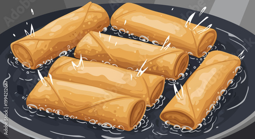 Vector illustration of crispy spring rolls deep frying in hot oil pan.