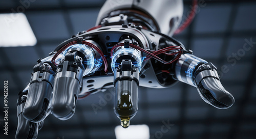 Close-up of a futuristic robotic hand, featuring intricate metal components and glowing blue internal mechanisms. Concept of artificial intelligence and advanced technology.