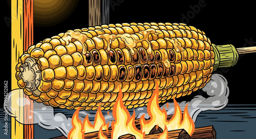Vector illustration of grilled corn on the cob with melted butter over open fire.