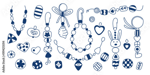 Set of cute ceramic and clay bead jewelry in Mediterranean style. Beads, bracelet, pendant, decorative pendant, keychain clip art in blue ink. Vector graphics