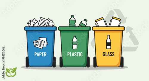 Three Recycling Bins: Paper, Plastic, Glass with Waste, Eco-friendly Concept