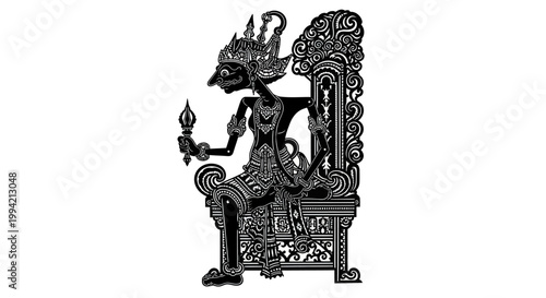 Traditional Wayang Kulit Shadow Puppet Figure Seated on Ornate Throne, Indonesia