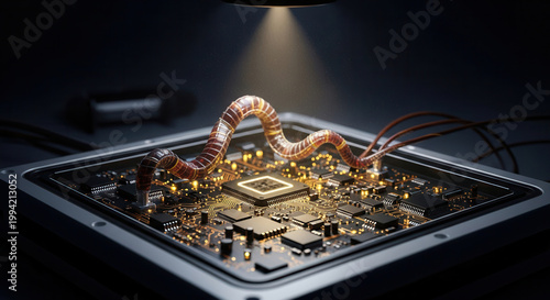 Advanced circuit board featuring a glowing central processor and intricate golden pathways, connected by a worm-like biological cable. Synthetic biology and technological innovation