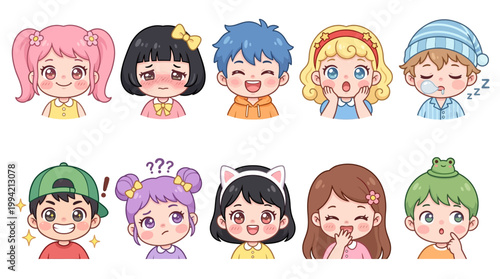 Chibi Kid Face Vector Set – Cute Kawaii Children Cartoon Avatar Collection