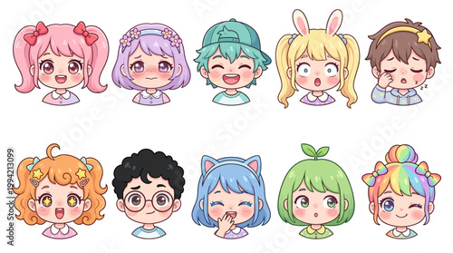 Chibi Kid Face Vector Set – Cute Kawaii Children Cartoon Avatar Collection