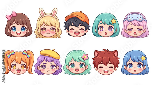 Chibi Kid Face Vector Set – Cute Kawaii Children Cartoon Avatar Collection