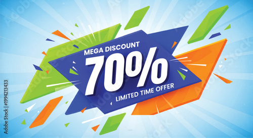 Mega discount 70 percent sale banner, limited time offer promotion vector, geometric retail marketing poster with blue and orange shapes