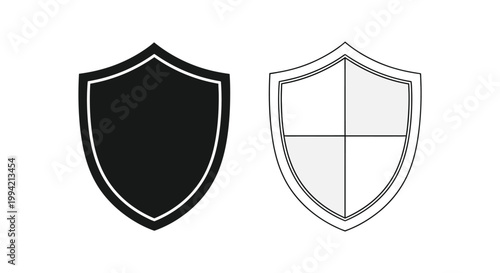 Two shield emblems are displayed one solid black and one outlined in white with internal divisions a striking silhouette high quality