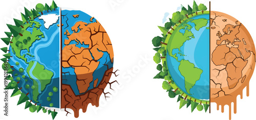 Global warming vector illustration, melting earth globe in rising ocean water, climate change concept with icebergs and sinking planet earth