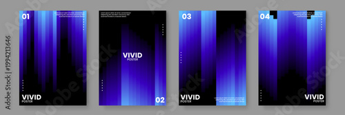 Futuristic poster collection featuring vertical stripe motion blur effects and vivid blue glowing gradients on black