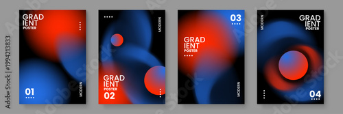 A professional set of four abstract posters featuring deep blue and vibrant orange blurred gradients on a sleek black background for modern branding
