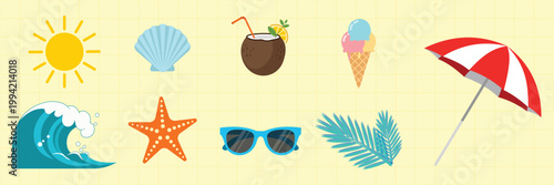 Summer vacation and beach essentials vector elements set including sun coconut drink ice cream wave starfish and sunglasses holiday graphics