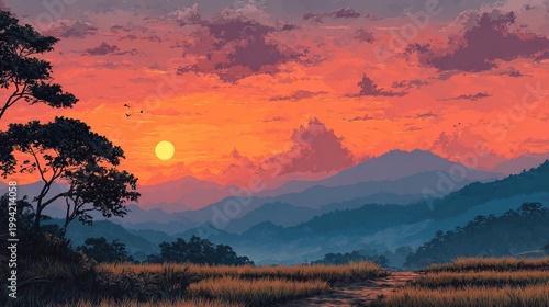 Stylized Digital Painting Vibrant Sunset Landscape with Layered Mountains and Golden Grass Nature Scenery Background Artwork