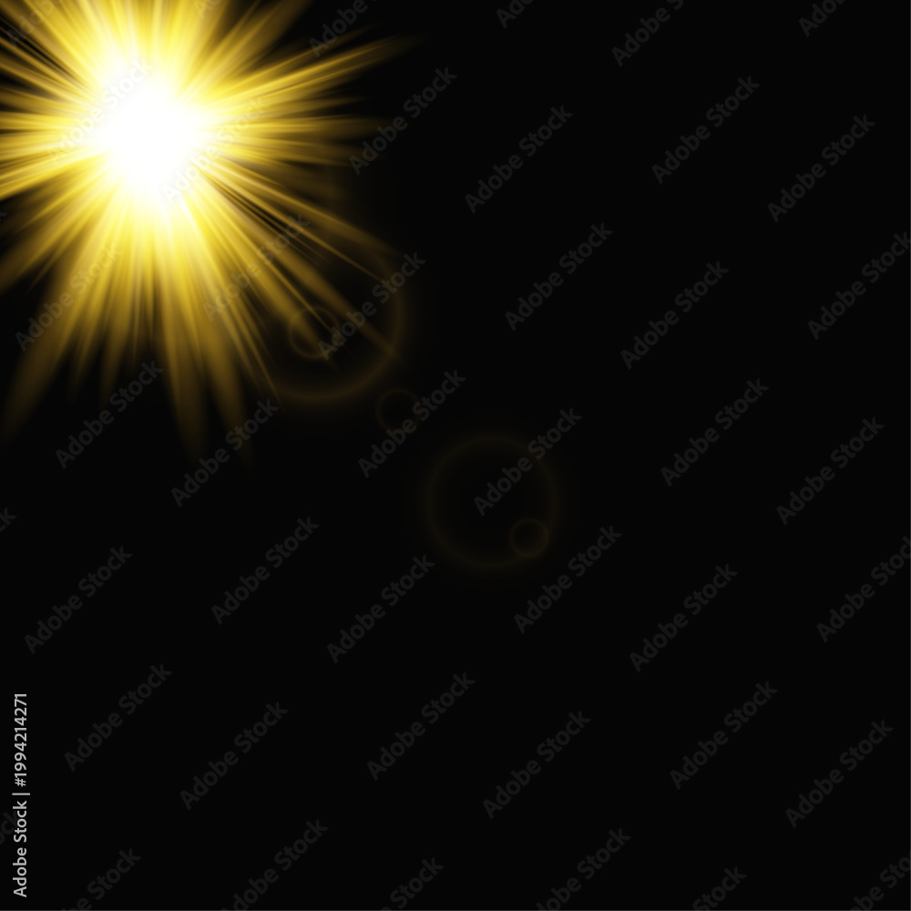 Fototapeta premium A radiant yellow sunburst shines brightly against a stark black background creating a dramatic effect