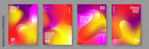 Collection of premium fluid liquid gradient posters with smooth wave shapes in bright yellow orange and purple pink tones for modern branding