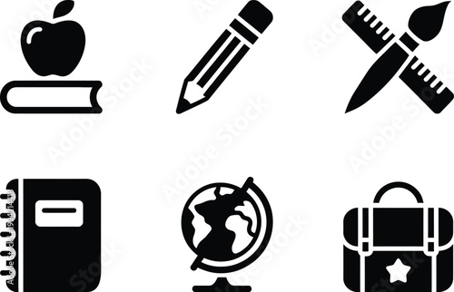 Black and white school supply featuring apple, pencil, ruler, globe, and satchel bag