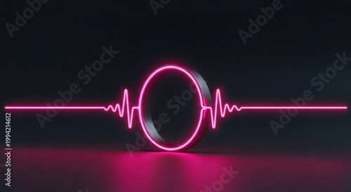 A neon pink heartbeat line forming a circle on a dark background with a reflective surface