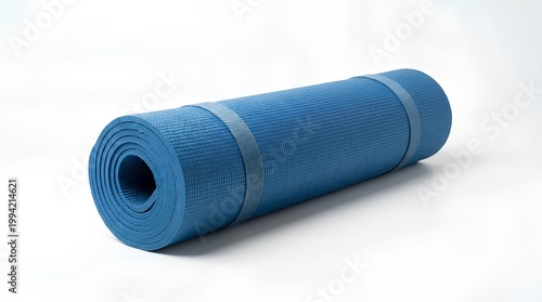 Blue yoga mat rolled up, fitness object, minimalistic, isolated on white background