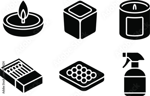 Set of black and white featuring candles, matches, wax melts, and a spray bottle