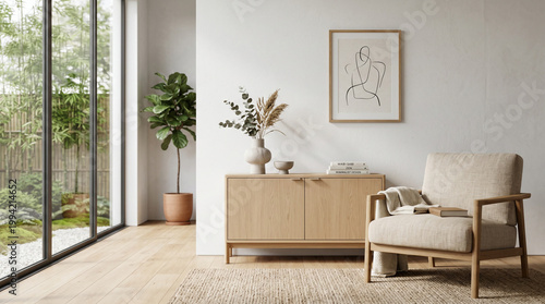 Cabinet and Armchair on room white wall, minimalist and zen interior. 3d rendering