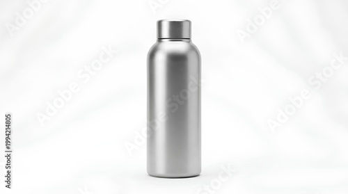 Silver metal water bottle, matte finish, centered, studio lighting, pure white background