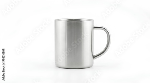 Stainless steel coffee mug, empty, side view, clean studio lighting, pure white background