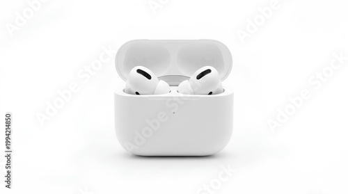 White wireless earbuds in charging case, open, clean tech product shot, pure white background