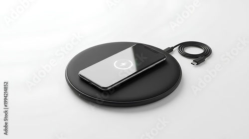 Wireless charging pad with phone, modern tech product, clean studio shot, white background