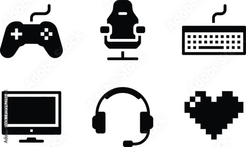 Set of black gaming featuring controller, chair, keyboard, monitor, headset, and pixel heart