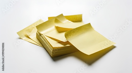 Yellow sticky notes stack, realistic, slightly scattered, isolated on white background