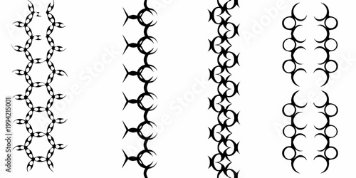 Black tribal patterns repeating chain like designs on a white background