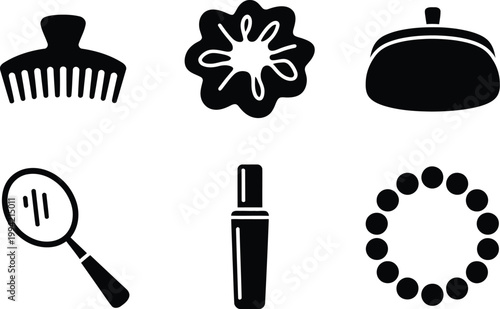 Set of black silhouette featuring hair accessories, cosmetics, and jewelry hair claw