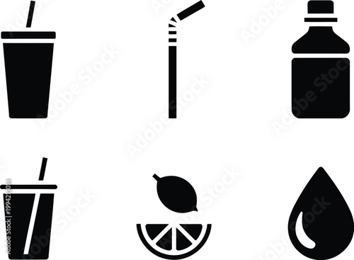 Set of black silhouette featuring drink cups, a straw, a bottle, lemon, and water drop