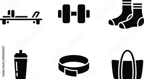 Set of black silhouette featuring pilates reformer, dumbbell, socks, bottle, belt, and bag