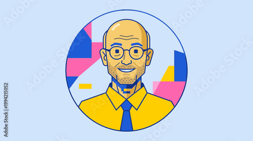 Modern Vector Illustration of a Friendly Bald Man with Glasses and a Blue Tie for Professional Profiles