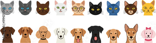 Cute Cat and Dog Face Icon Set with Different Breeds and Expressions for Pet Care, Veterinary, Animal Apps, Stickers and Character Illustration
