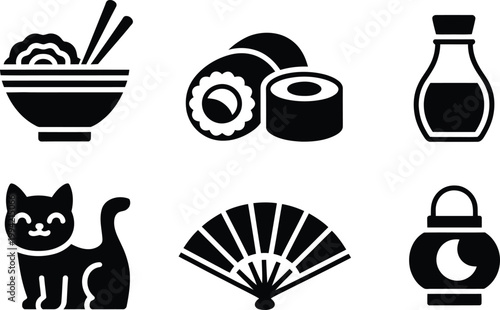 Set of japanese culture featuring ramen, sushi, soy sauce, lucky cat, fan, and lantern