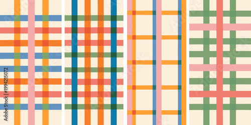 Colorful checkered pattern with varying stripe widths and color combinations