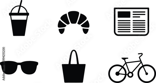 Set of six black silhouette including a drink, croissant, newspaper, sunglasses, and bike